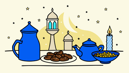 Still life with ramadan objects and crescent moon