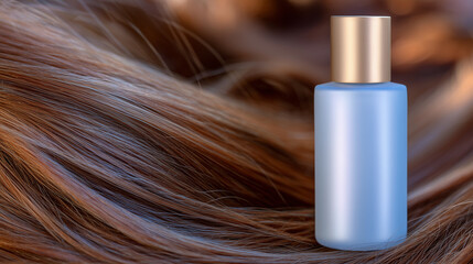 Professional hair care bottle and smooth colored hair strands, background softly blurred, highlighting product efficacy and healthy hair concept