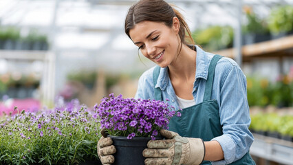 close-up of a smiling female gardener wearing gloves and an apron while holding a pot of blooming purple flowers inside a greenhouse