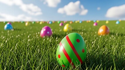 Colorful Easter eggs scattered in a green field under a blue sky creating a festive atmosphere for springtime celebrations and seasonal traditions with a sense of joy and abundance