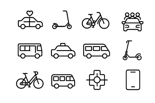 Shared Mobility Icons. Shared mobility. Line icon set of shared mobility: rideshare car, e-scooter, bike share, carpool, shuttle bus, taxi, vanpool, docked