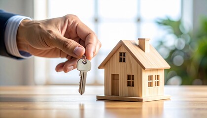 Professional hand holding a new house key with a wooden home model, symbolizing property investment, dream house acquisition, real estate success, and secure future ownership
