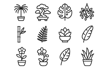 Obraz premium Exotic Plant Icons. Exotic plant accents. Line icon set of exotic plant accents: potted palm, bonsai tree, tropical leaf, hanging plant, bamboo stalk, fern,