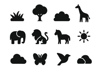 Obraz premium Grassland Icons Grid. Grassland scene. Solid icon set of Grassland scene: grass patch, tree, bush, giraffe, elephant, lion, zebra, sun, cloud, butterfly, bird,
