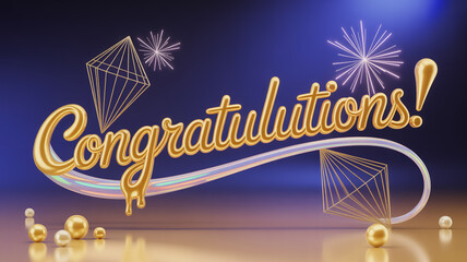 Hyper-realistic 3D liquid gold 'Congratulations!' text with holographic gradient background, gold dust, bokeh lights, Art Deco fireworks, luxurious design.