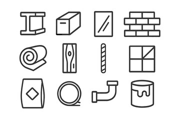 Building Material Icons. Building materials. Line icon set of Building materials: steel beam, concrete block, glass panel, brick, insulation, wooden plank,