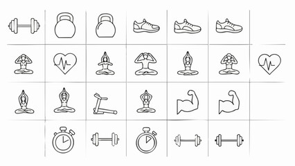 Collection of line art icons for fitness and health including dumbbells kettlebells yoga poses running shoes heartbeat and stopwatch