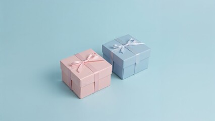 Obraz premium Two gift boxes, one pink and one blue, wrapped with ribbons, placed on a light blue background.