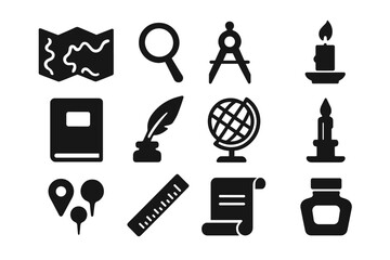 Geography Study Tools. Studying geography. Solid icon set of Studying geography: old map, magnifying glass, compass, notebook, quill pen, globe, map pins,