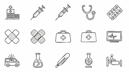 Hand drawn medical icons hospital syringe stethoscope pills bandages first aid kit healthcare clinic
