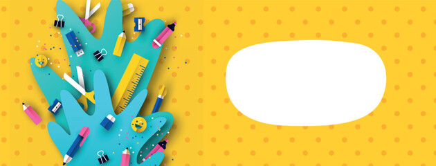 Back to school vector design with cute paper cut school supplies and text space on a yellow polka dot background