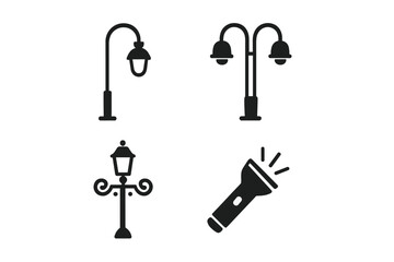 Black silhouette icons for various lighting fixtures including streetlights and torch