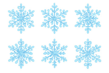 Six unique ornamental blue snow crystals set for seasonal winter holiday backgrounds