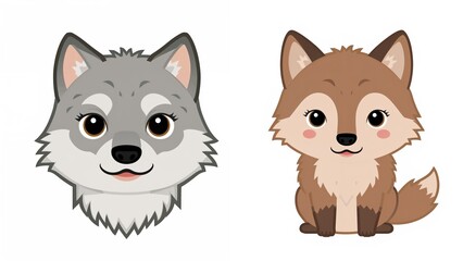 Obraz premium Two cute cartoon animals, a gray wolf and a brown fox, illustrated in a playful and friendly style.
