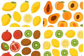 Seamless pattern of colorful tropical and citrus fruits including lemon, kiwi, mango, and papaya