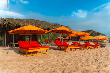 Tropical Beach Loungers with Umbrellas on a Sunny Coastal Shore