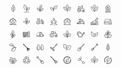 Collection of farm and nature icons including tractors barns leaves and gardening tools agriculture