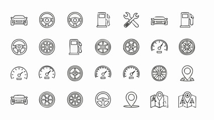 Collection of hand drawn car icons including steering wheels gas pumps speedometers maps and cars steering wheel icon