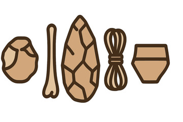 Primitive tools collection featuring bone, stone axe, flint, and rope artifacts