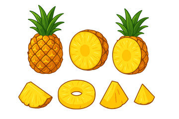 Whole, halved, and sliced tropical pineapples with green leaves on a white background