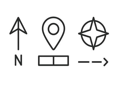 Essential map and navigation symbols: location pin, compass rose, scale bar, and north arrow