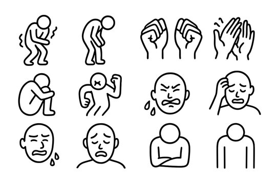 Distress Icon Set. Severe distress. Line icon set of Severe distress: writhing figure, bent-over posture, clenched fists, trembling hands, sweat drops,