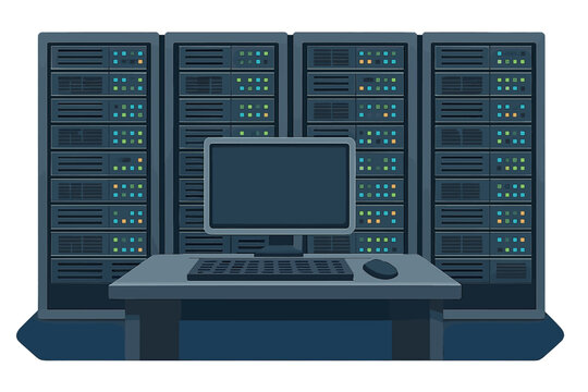 Data center monitoring station with desktop computer setup and network server racks