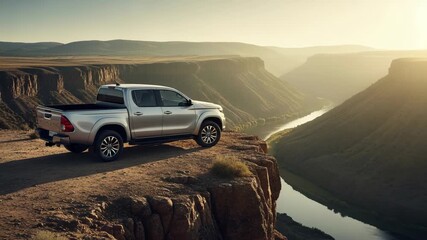 Silver pickup truck parked on the edge of a cliff overlooking a canyon