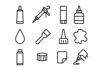 Adhesive Tools Icons. Adhesive tools. Line icon set of Adhesive tools: glue tube, caulking gun, glue stick, adhesive bottle, glue drop, glue brush, nozzle tip,