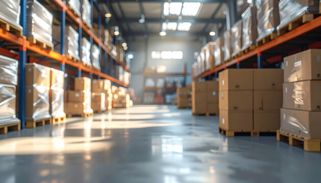 Blurred Warehouse Interior with Tall Shelves and Cardboard Boxes racks