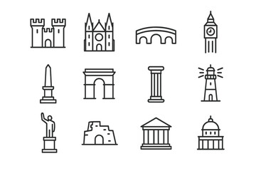 Historic Landmark Icons. Historic landmarks. Line icon set of historic landmarks: castle, cathedral, bridge, clock tower, monument, gate, column, lighthouse,