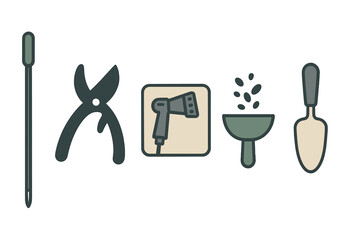 Collection of essential gardening tools icons featuring needle, pruning shears, hand sprayer, seed funnel, and trowel