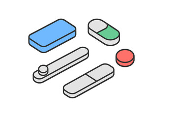 Various pharmaceutical drugs, including capsules and tablets, displayed in isometric view