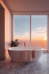 Fototapeta premium Serene bathroom with freestanding tub at sunset. Marble floor, large window with city view. Evokes relaxation, luxury, home, wellness. Ideal for spa, real estate.