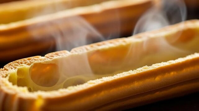 Close-up of a steaming hot dog in a bun with mustard