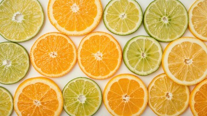 Obraz premium Slices of citrus fruits, including orange, lemon, and lime, arranged in a pattern. Fresh fruit slices for healthy eating and flavor.