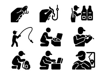 Fishing Prep Icons. Fishing preparation. Solid icon set of Fishing preparation: checking tackle, baiting hook, setting rod, casting line, arranging gear,