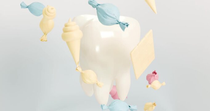 3D animation of a tooth surrounded by bright sweets, candies, ice cream, caramels, chocolate. Excessive consumption of sweets, oral hygiene, for advertising, children's educational projects