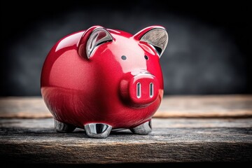 Bright red piggy bank stands on a wooden surface with a dark background, shining under soft light, symbolizing saving