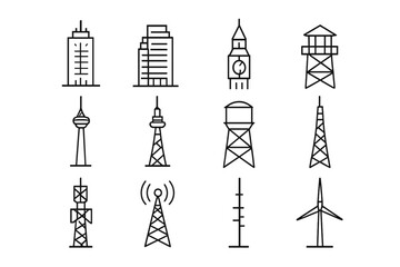 Fototapeta premium High-Rise Icon Grid. High-rise structures. Line icon set of High-rise structures: office skyscraper, mixed-use high-rise, clock tower, fire lookout tower,