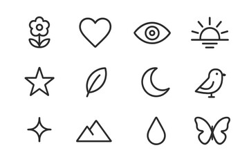 Fototapeta premium Nature's Beauty Icons. Moments of beauty. Line icon set of moments of beauty: flower, heart, eye, sunrise, star, leaf, moon, bird, butterfly,