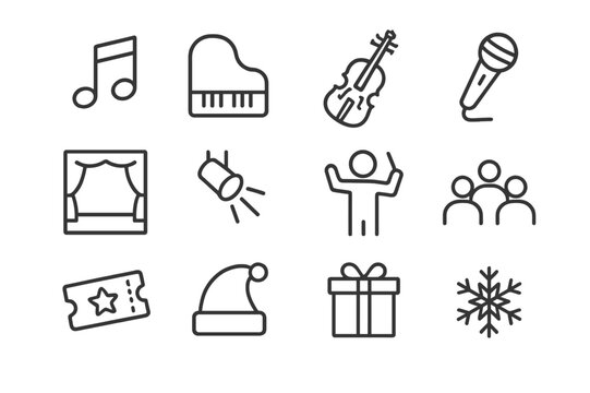Holiday Concert Icons. Attending a Holiday Concert. Line icon set of Attending a Holiday Concert: musical note, piano, violin, microphone, stage, spotlight,