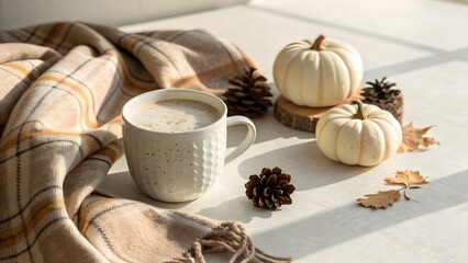 Fototapeta premium Cozy autumn morning with a warm coffee mug, small white pumpkins, pinecones, and a plaid blanket, bathed in sunlight, evoking comfort and the fall season