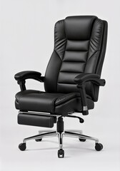 Black ergonomic office chair with padded support and reclining footrest designed for comfort, productivity, and long working sessions.