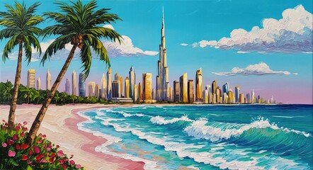 Vibrant coastal cityscape with turquoise waves, palm trees, and towering skyline blending tropical beauty with modern architectural elegance.