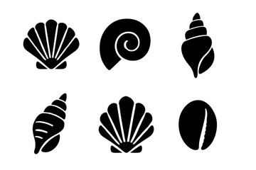 Obraz premium Six black seashell silhouettes isolated on white background for marine and ocean design