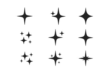 Set of various black sparkle icons and star shapes for decorative design elements