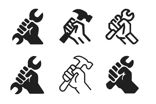 Work Ethic Icons. work ethic. Icon set. Set Logo of work ethic: strong hands holding tools. harmonious logo variations of the same emblematic concept, each