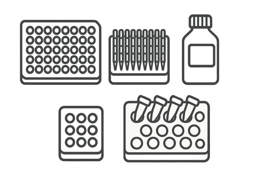 Essential scientific laboratory equipment set with test tubes, well plates, and reagent bottles
