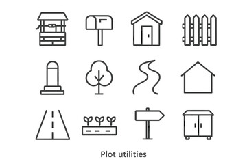 Plot Utilities Icons. Plot utilities. Line icon set of Plot utilities: water well, mailbox, shed, fence, boundary marker, tree, pathway, house outline,